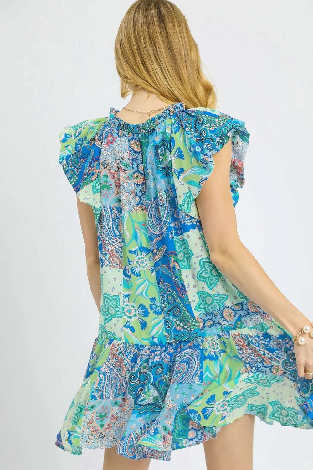 Printed Ruffle Cap Sleeve Mini Dress - Neon Green - product view 3
