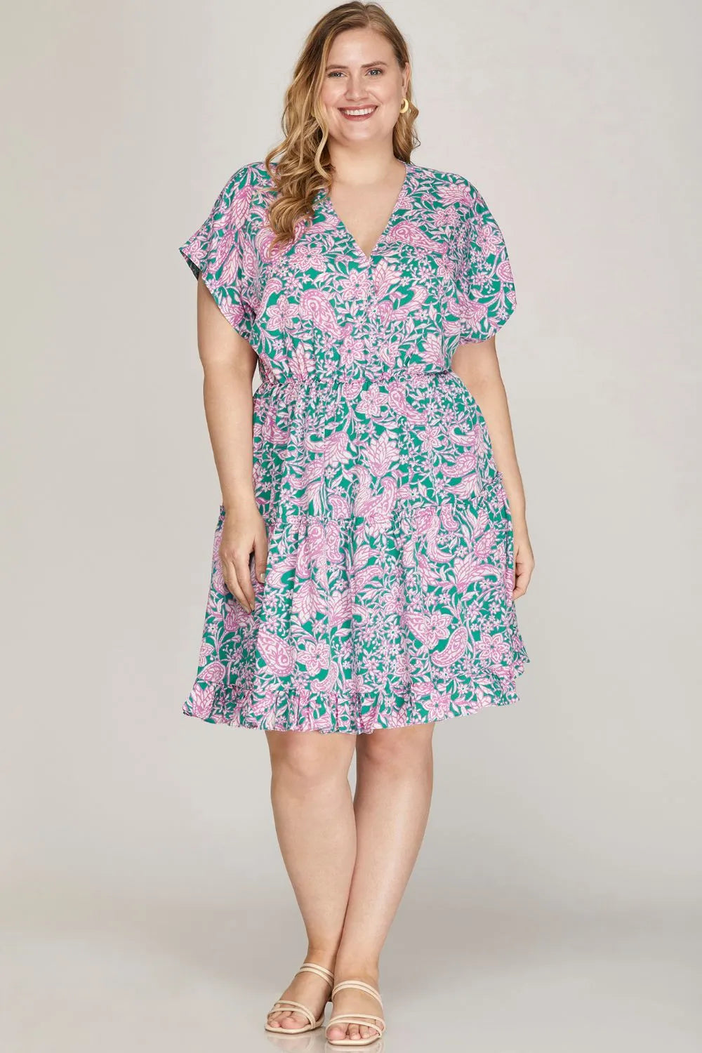 Full Size Ruffled Hem Printed Surplice Kimono Sleeve Mini Dress Plus Size - Turquoise - product view 3