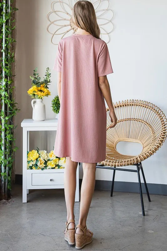 Full Size Solid Ribbed Mini Dress with Button Plus Size in Rose - product view 2