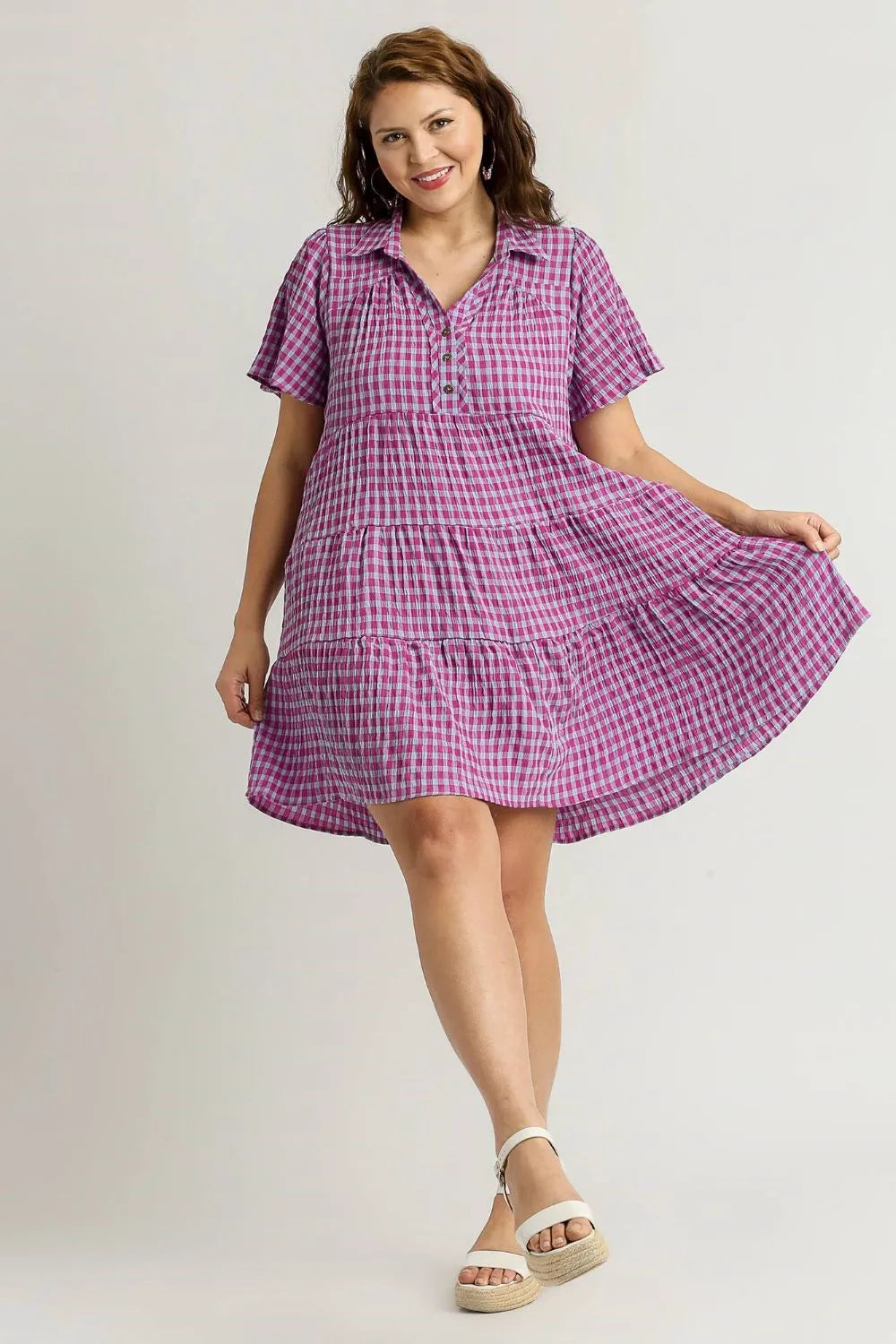 Full Size Gingham Tiered Button Detail Short Sleeve Dress Plus Size - Red-Violet - product view 6