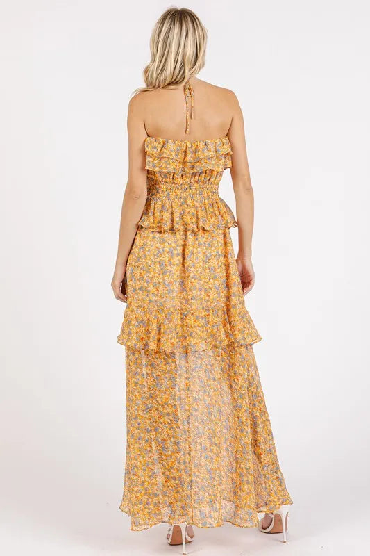 Ruffled Smocked Floral Halter Neck Maxi Dress - Tangerine - product view 2
