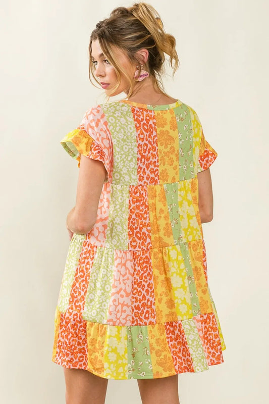 Leopard Short Sleeve Tiered Dress - Orange/Lime - product view 2