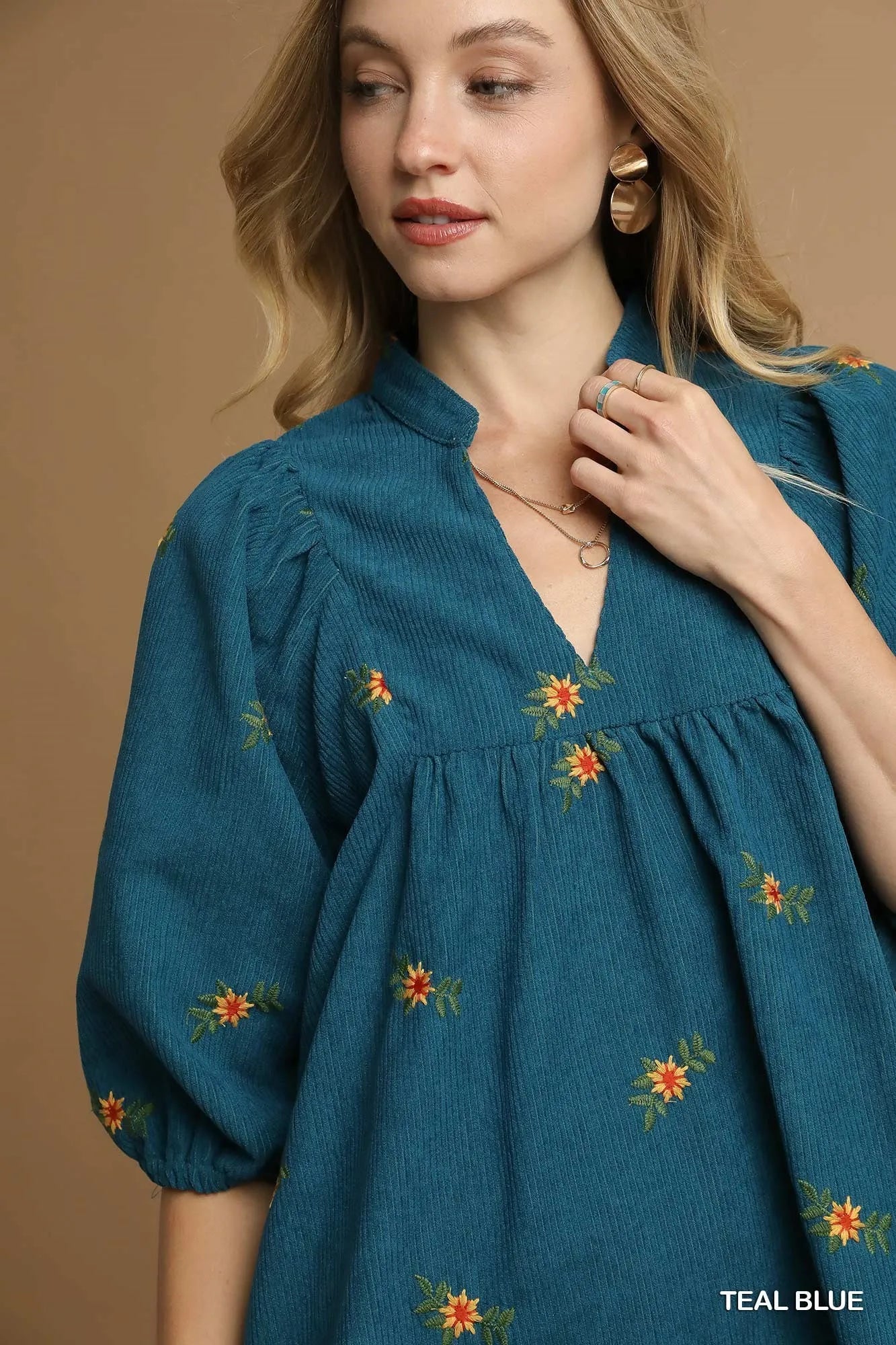 Corduroy Babydoll Dress with Floral Embroidery - Teal Blue - product view 6