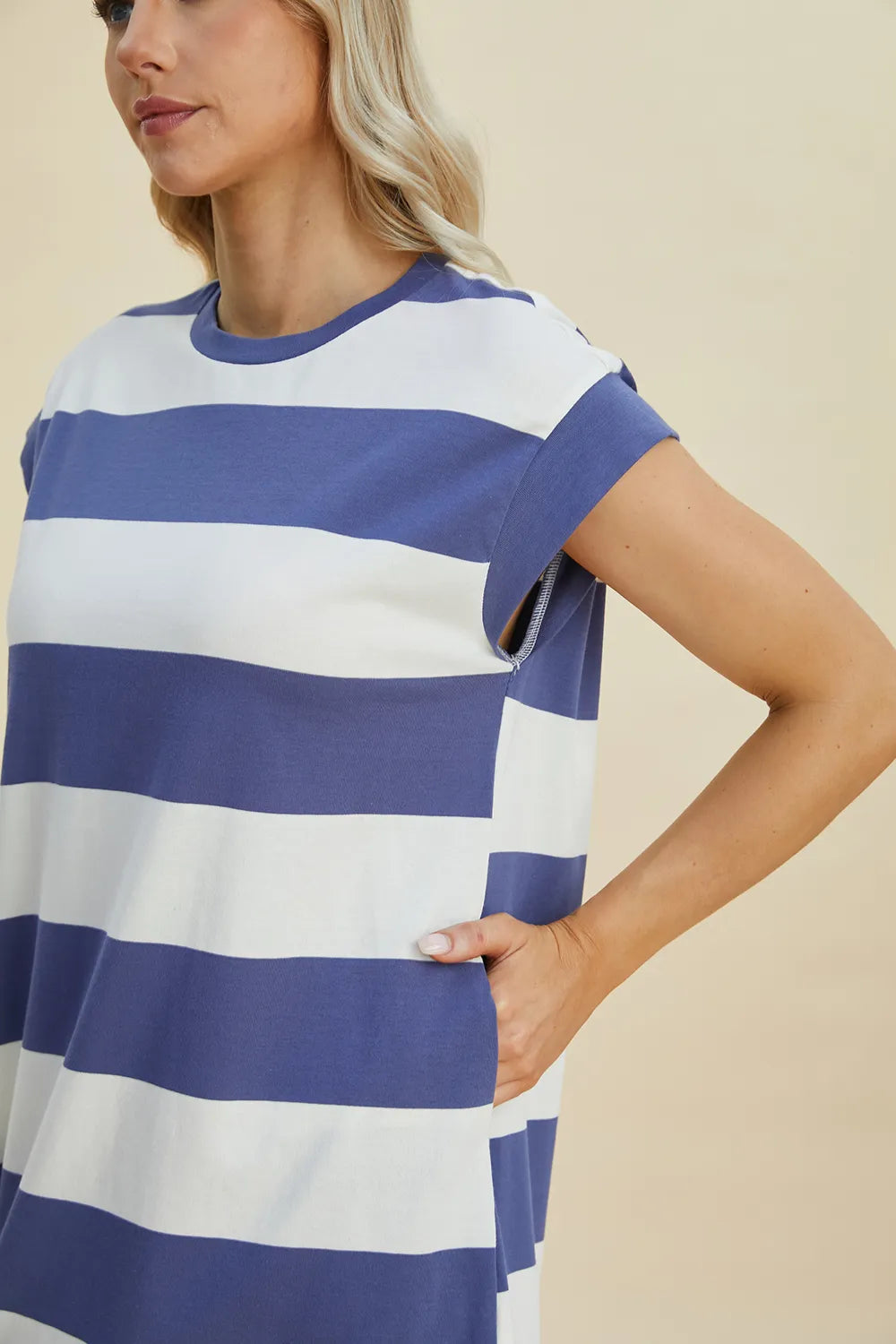 Full Size Striped Round Neck Cap Sleeve Mini Dress in Black, Camel and Dusty Blue - product view 22