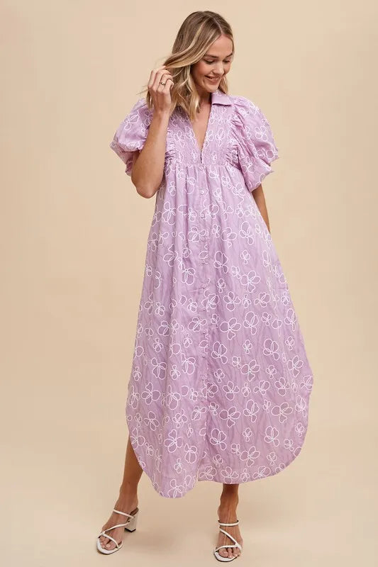 Floral Smock Detail Puff Sleeve Dress in Pink Purple - product view 5