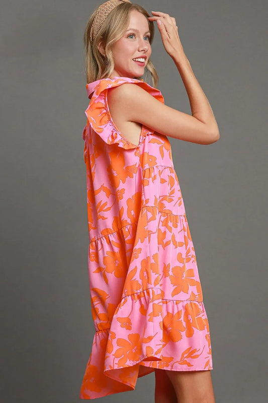 Full Size Floral Print Ruffle Cap Sleeve Tiered Dress Plus Size in Pink/Orange - product view 2