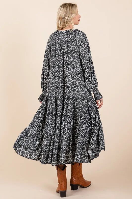 Printed Tie Neck Flounce Sleeve Midi Dress in Dark Navy - product view 6