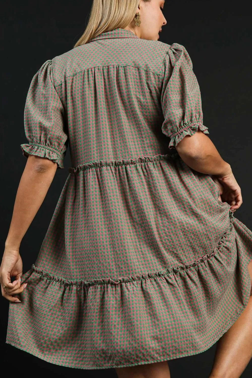 Full Size Plaid Frill Button Detail Ruffled Short Sleeve Dress Plus Size in Green/Pink - product view 5