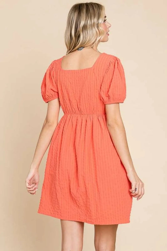 Textured Square Neck Short Sleeve Dress in Sugar Coral - product view 2