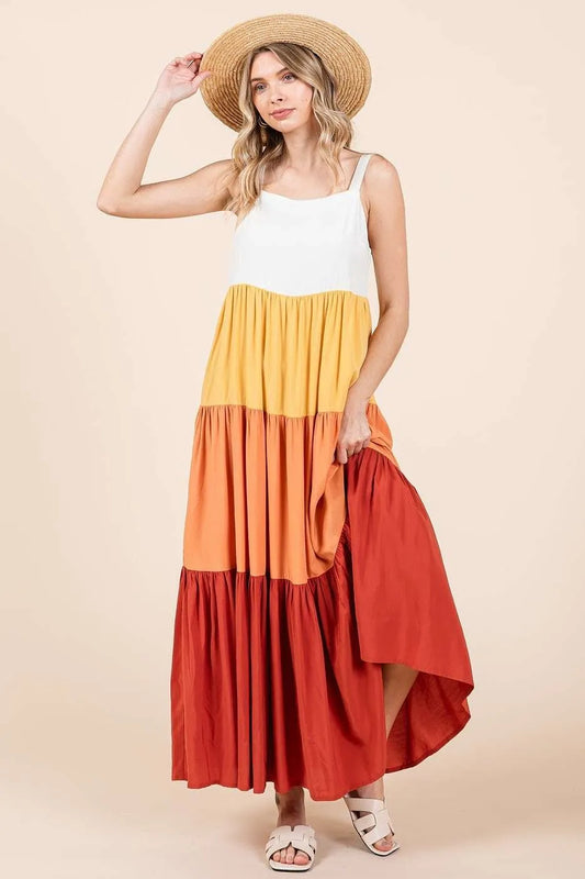 Color Block Tiered Pull-On Maxi Dress - Apricot Multi - product view 2
