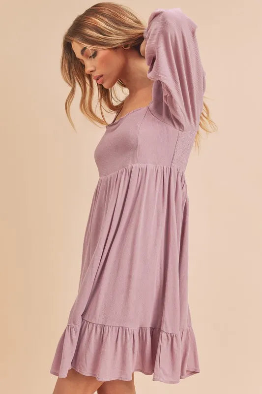 Ruffled Hem Square Neck Balloon Sleeve Mini Dress - Moonlit Mauve - product view 3