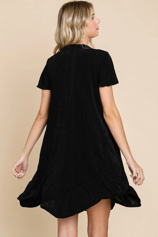 Full Size Short Sleeve Ruffled Asymmetric Hem Dress - Black - product view 2