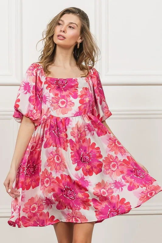 Floral Square Neck Puff Sleeve Mini Dress in Hot Pink - product view 2