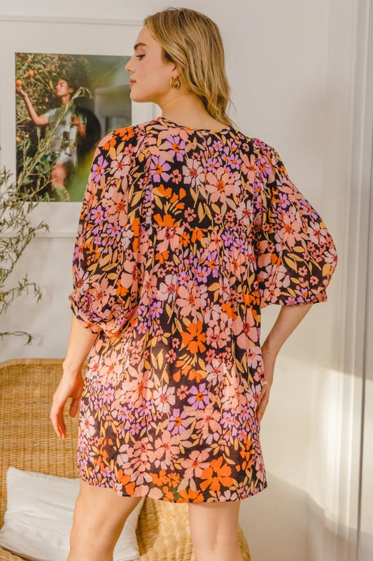 Full Size Floral Tied Neck Mini Dress - Black Multi - product view 2