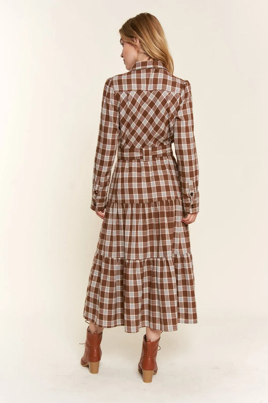 Plaid Tiered Midi Shirt Dress in Brown - product view 2