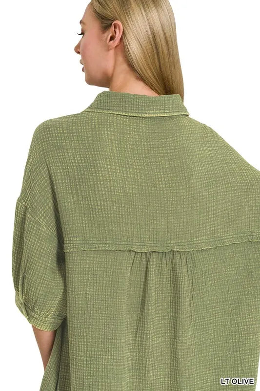 Washed Double Gauze Button Down Shirt Dress - Lt Olive - product view 9