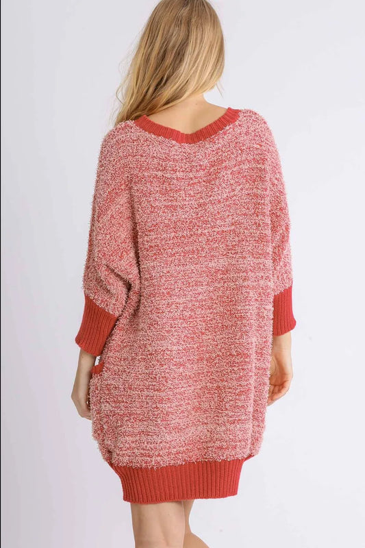 Full Size Ribbed Hem Round Neck 3/4 Sleeve Sweater Dress with Pockets Plus Size - Scarlet - product view 2