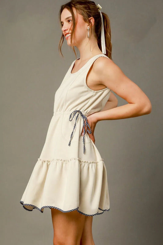 Frill Drawstring Waist Round Neck Mini Tank Dress - Cream - product view 2