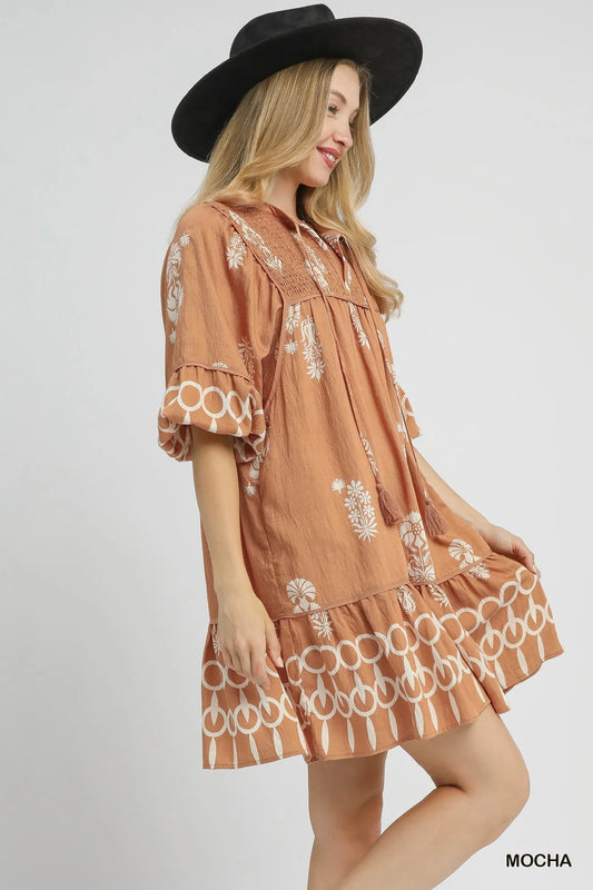 Boarder Print Tassel Tie Neck Mini Dress in Mocha - product view 2