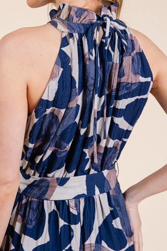 Abstract Halter Neck Tie-Waist Tiered Maxi Dress in Navy Combo - product view 18