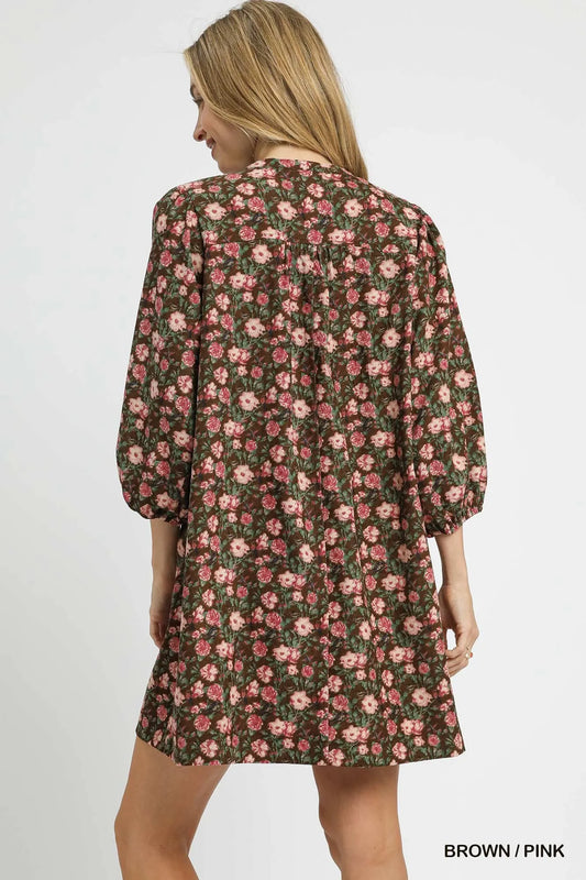 Floral Tie-Neck Babydoll Dress in Brown / Pink - product view 2