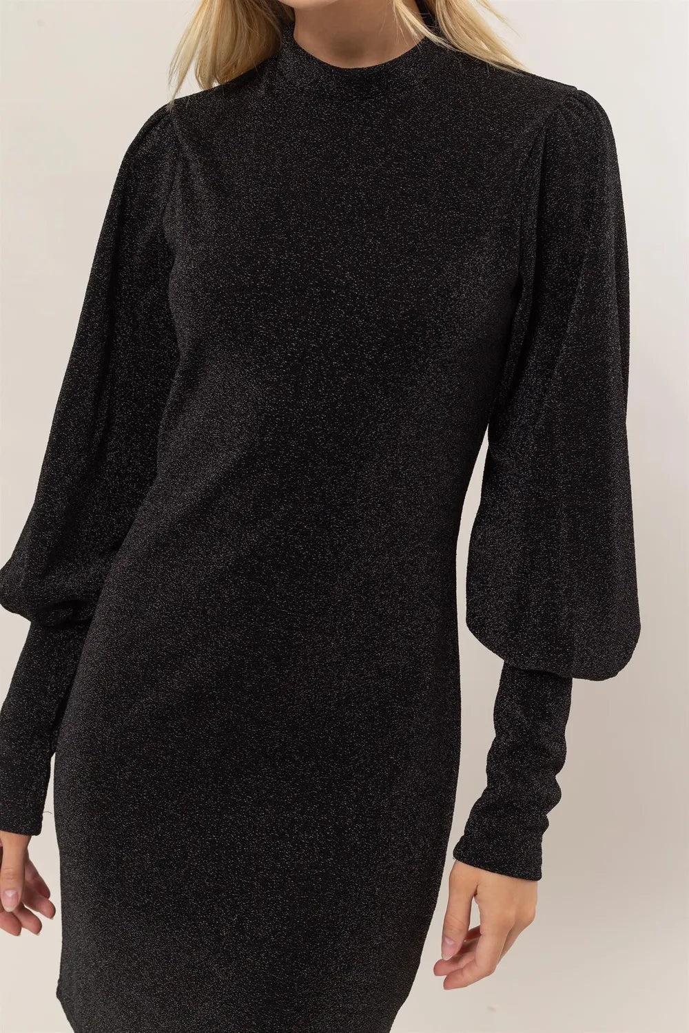 Glitter Mock Neck Long Sleeve Mini Dress - Black - product view 5