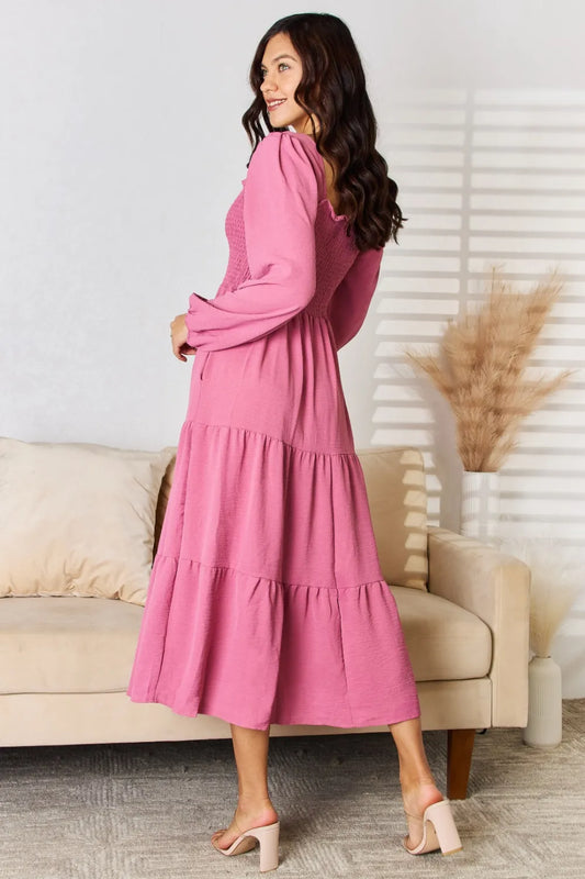 Full Size Ruffle Trim Smocked Tiered Dress in Medium Rose - product view 2