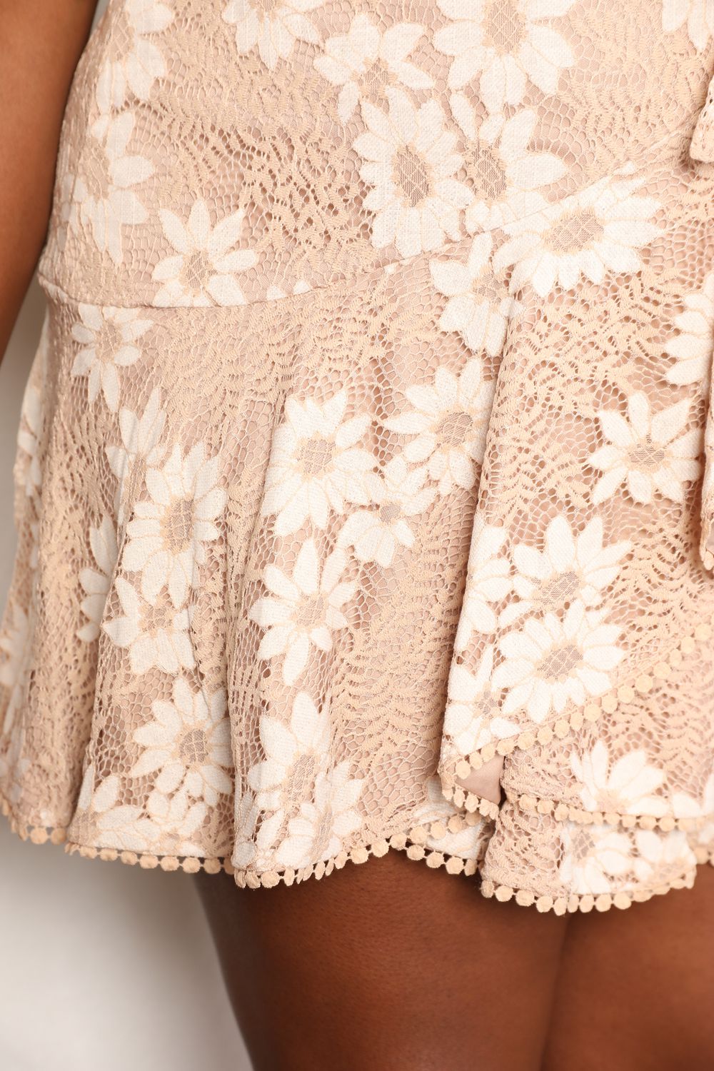 Floral Lace Pompom Detail Tie-Waist Flutter Sleeve Dress in Tan - product view 11
