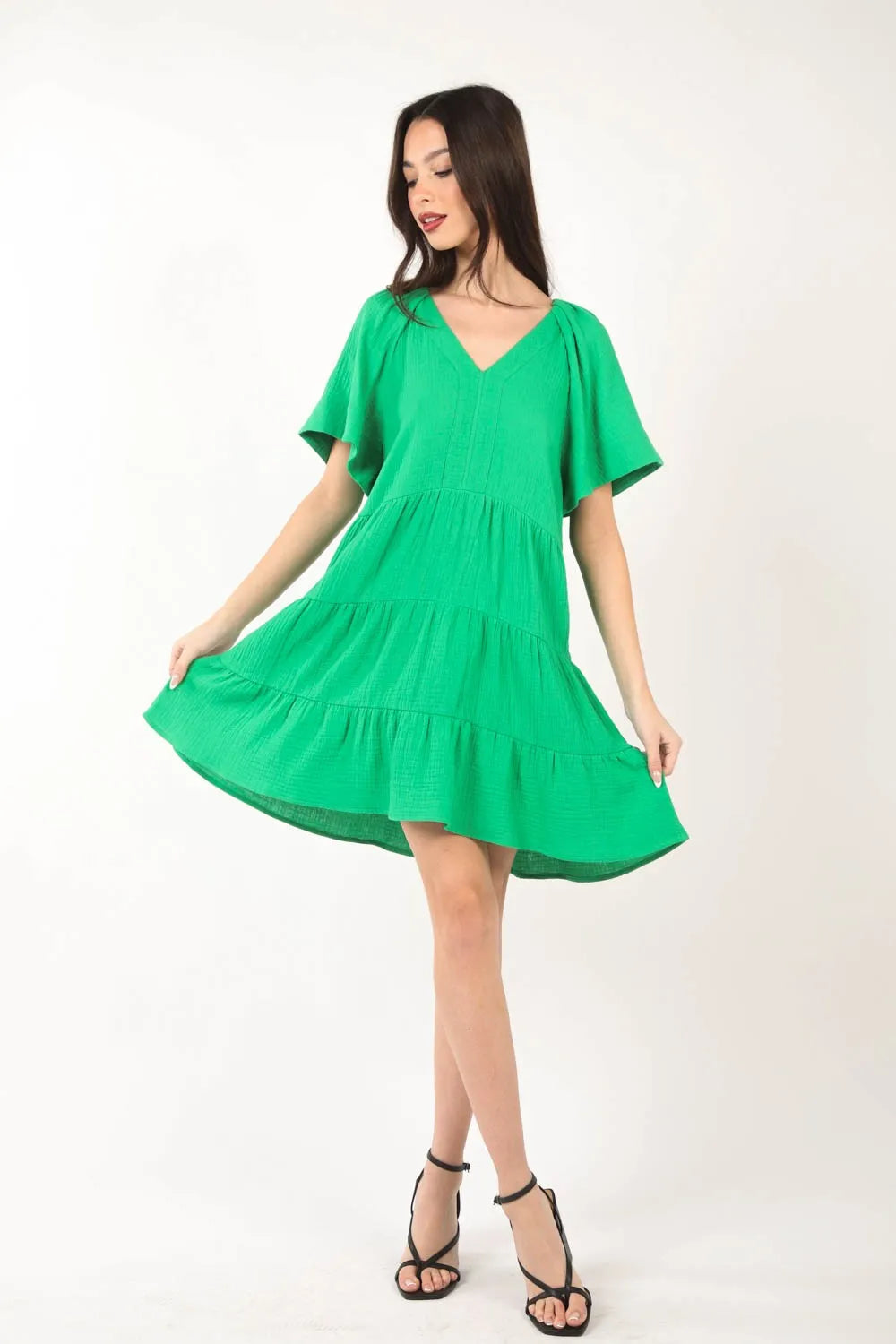 Texture V-Neck Ruffled Tiered Dress - Green - product view 4