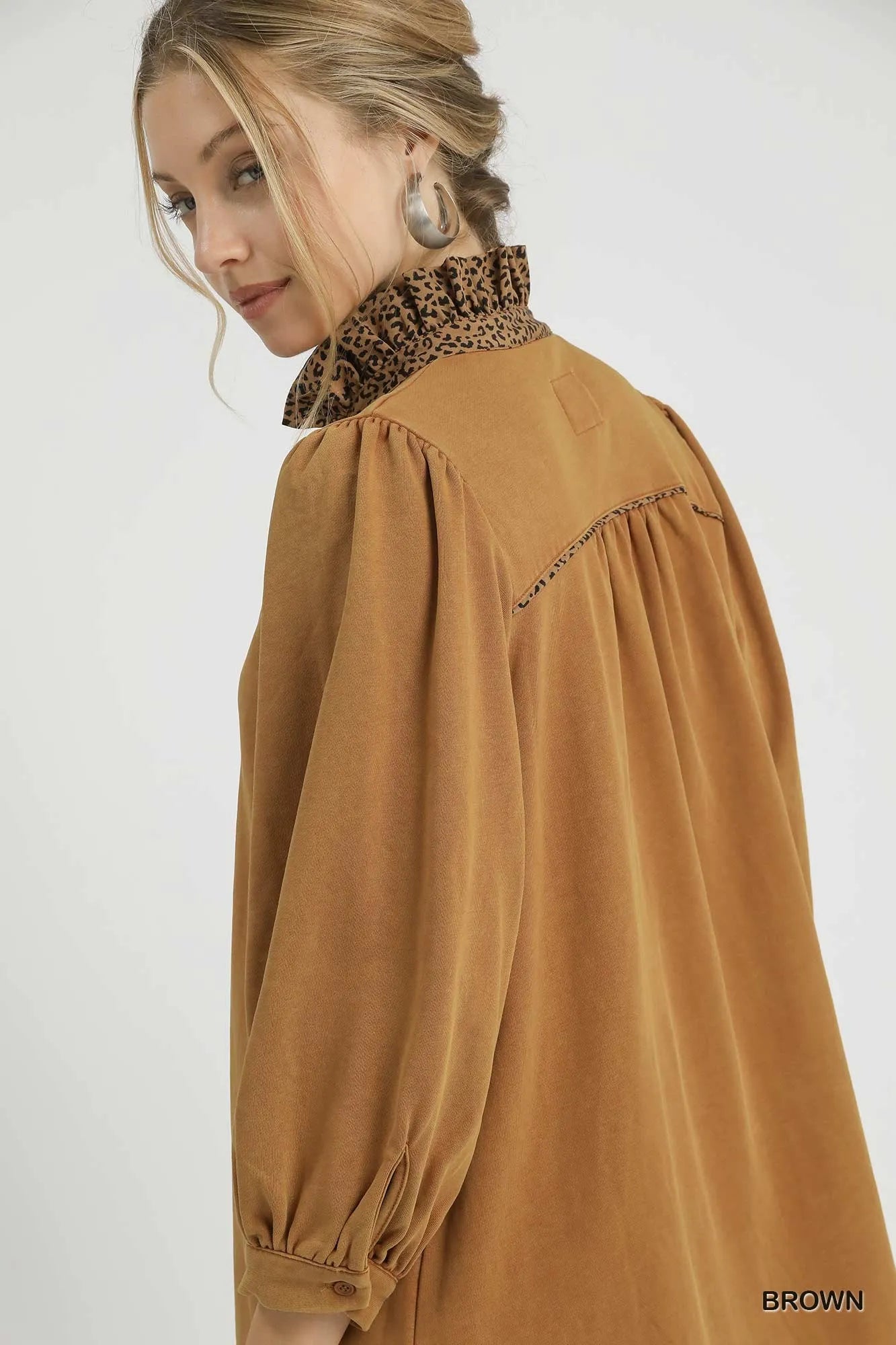 French Terry Balloon Sleeve Shift Dress with Leopard Print Detail - Brown - product view 5
