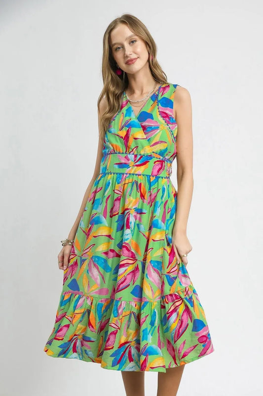 Ruffled Hem Printed Sleeveless Midi Dress in Green - product view 2