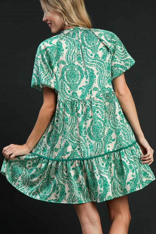 Full Size Printed Notched Puff Sleeve Mini Dress Plus Size - Teal - product view 2