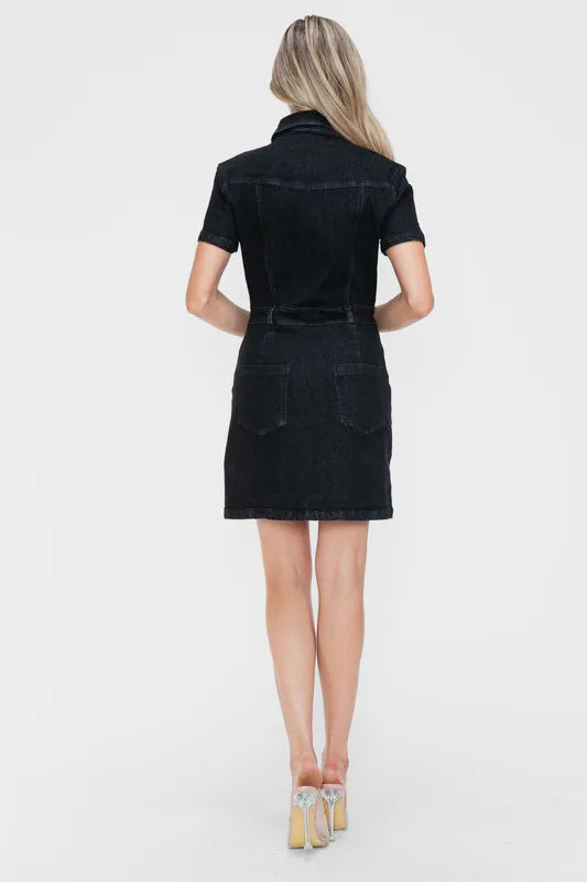 Full Size Embellished Button Down Short Sleeve Denim Dress in Black - product view 2