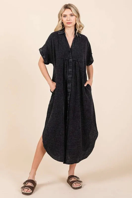 Mineral Wash V Neck Button Up Midi Shirt Dress in Charcoal - product view 2