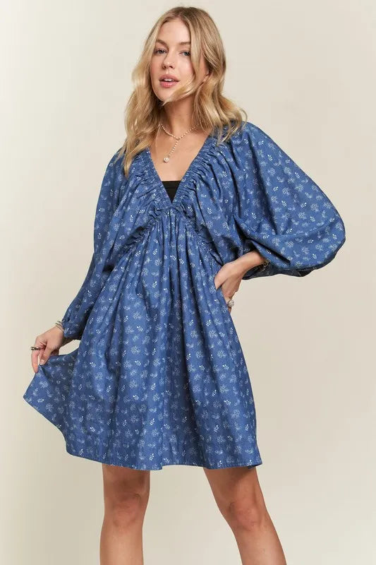 Batwing Sleeves Floral Dress in Denim/White - product view 2