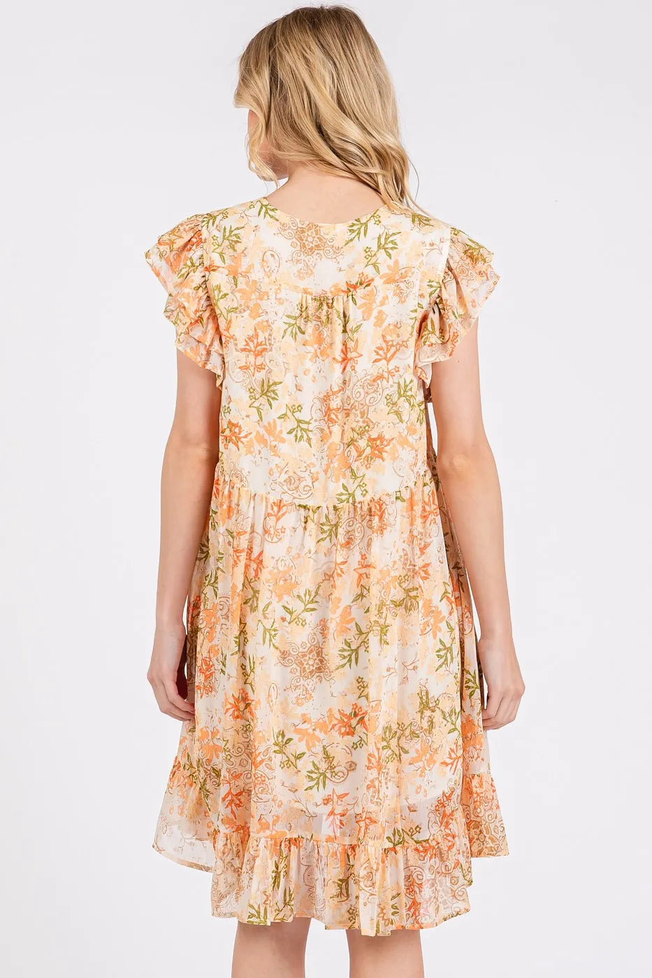 Floral Chiffon Ruffle Short Sleeve Mini Dress in Orange Multi - product view 5