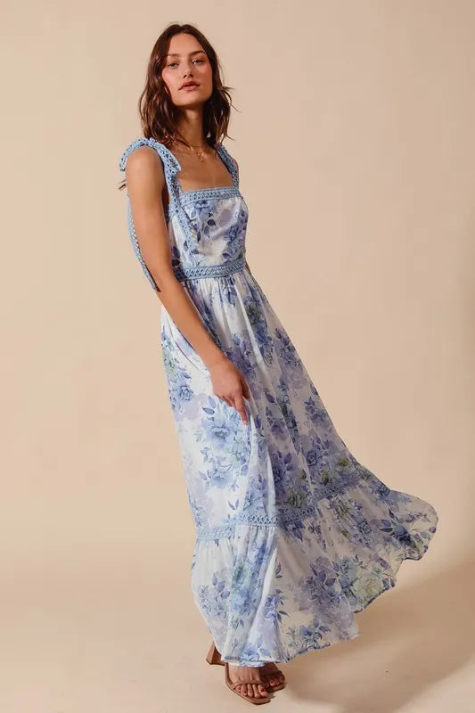 Floral Print Flowy Maxi Dress with Lace Ribbon Tie in Off White/Blue - product view 2