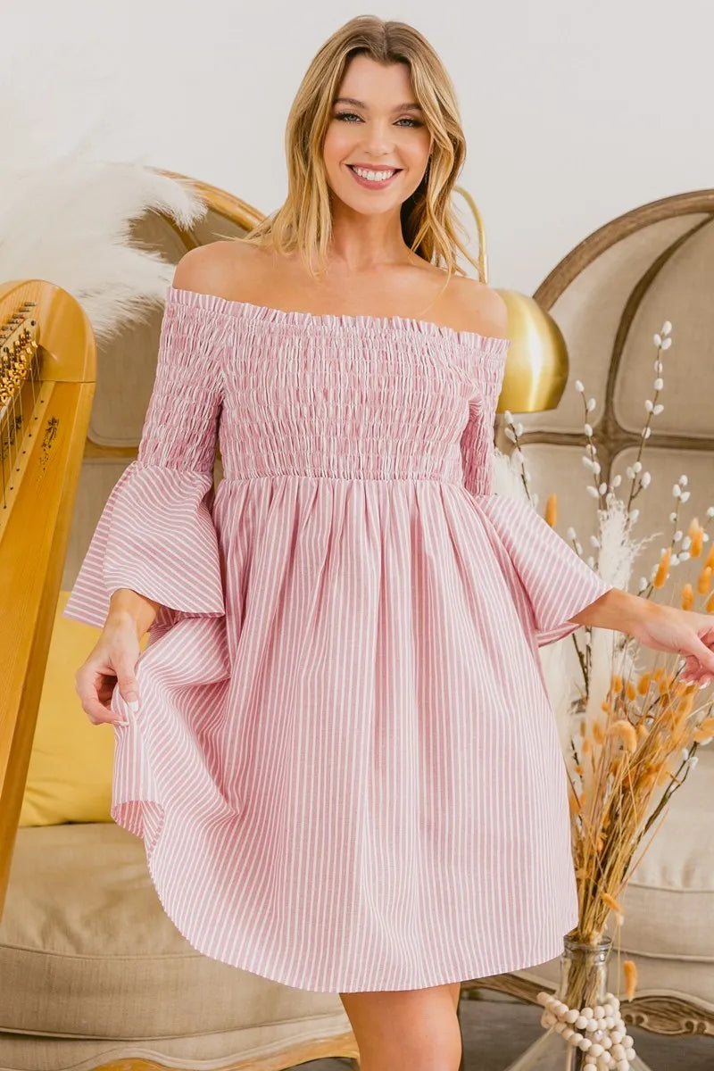 Smocked Off Shoulder Striped Dress - Blush - product view 7