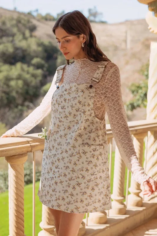 Stretch Ditsy Print Denim Overall Mini Dress in Ivory - product view 2