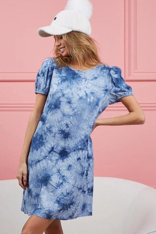 Puff Sleeve With Side Pockets Tie Dye Dress - Navy - product view 2