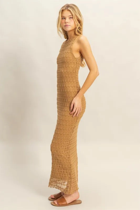 Sleeveless Crochet Open Back Maxi Dress in L.Brown - product view 2