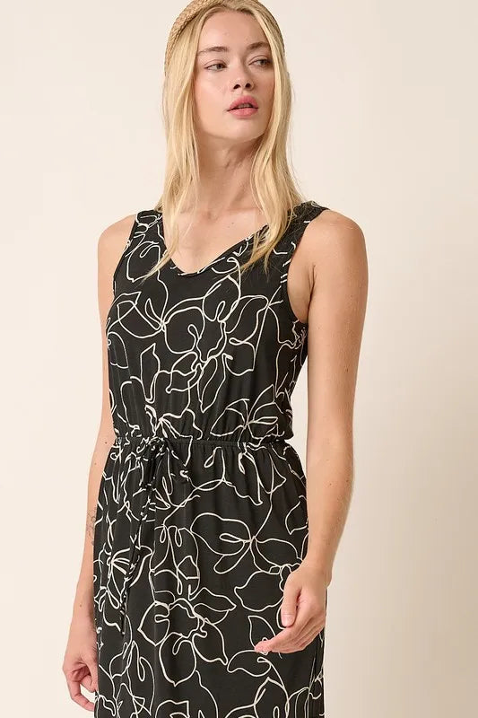 Side Slit Flower Print V-Neck Sleeveless Dress in Black - product view 6