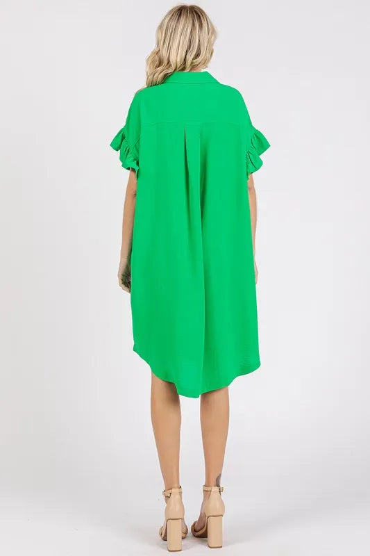 Button Down Flounce Sleeve Dress with Pockets - Green - product view 4