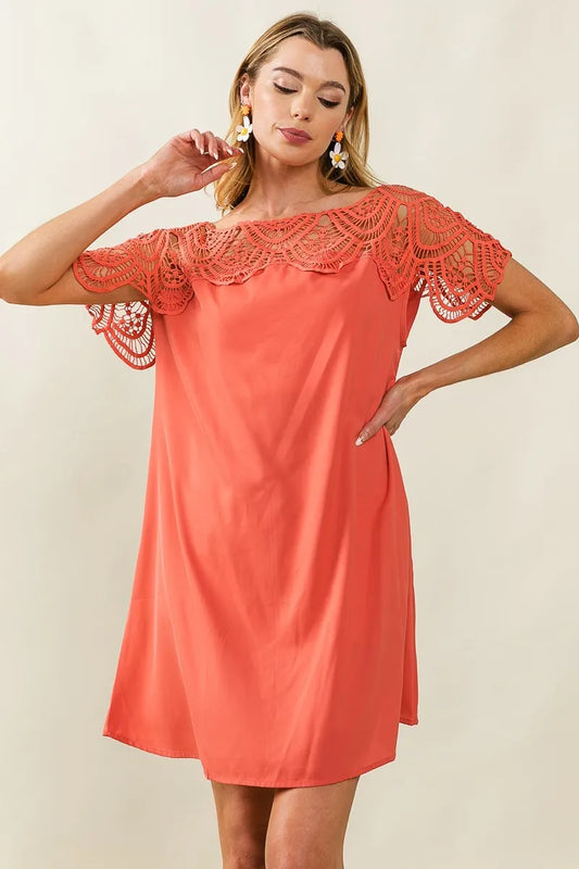 Crochet Lace Yoke Detailed Wrinkled Dress - Apricot - product view 2