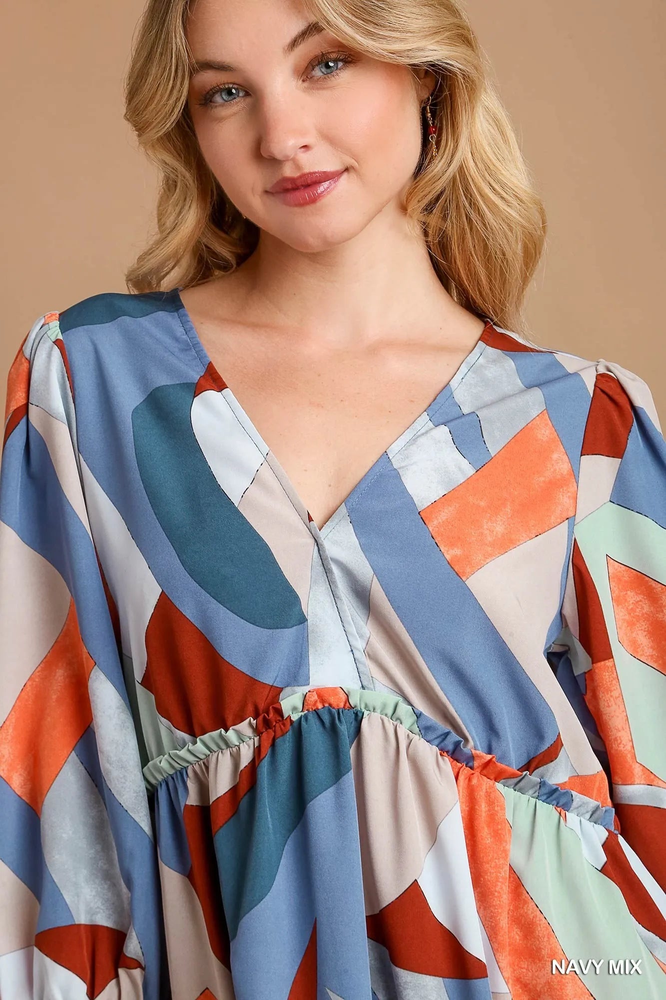 Abstract V-Neck Tiered Printed Dress - Navy Mix - product view 5