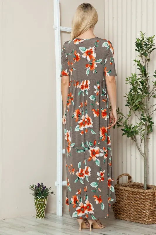 Floral Round Neck Short Sleeve Maxi Tee Dress in Coffee Brown - product view 5
