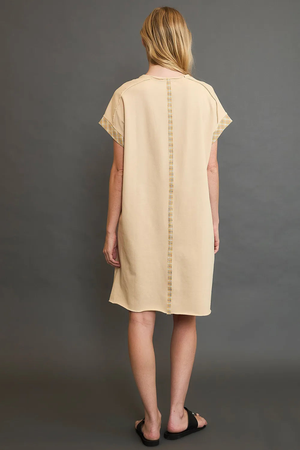 Peace Plaid Applique Short Sleeve Mini Dress - Pastel Yellow - product view 4