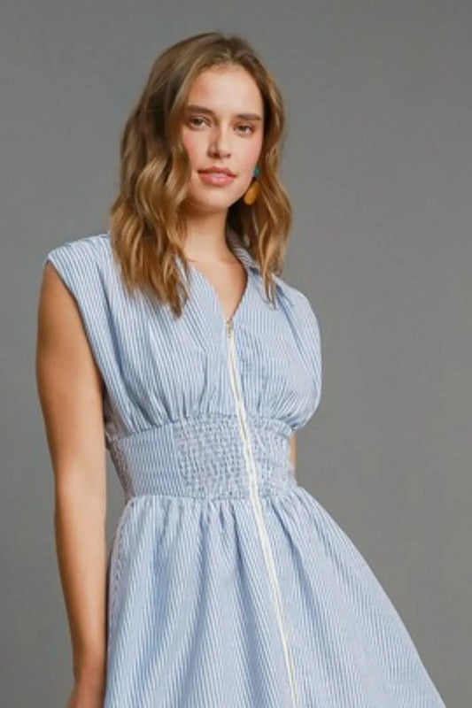 Full Size Striped Midi Dress with Smocked Waist Plus Size in Light Blue - product view 2
