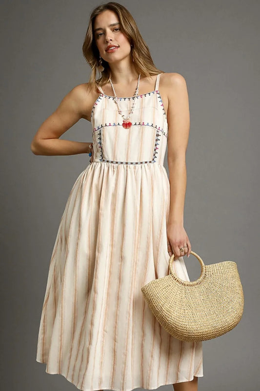 Striped Colorful Embroidered Trim Cami Dress - Tan - product view 2