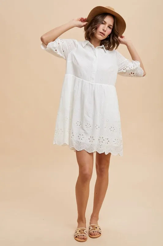 Embroidered Scallop Edge Detail Mini Shirt Dress - Ivory - product view 5